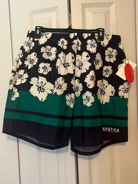 Nautica Men’s Navy Floral Swim Trunks with Green Panel